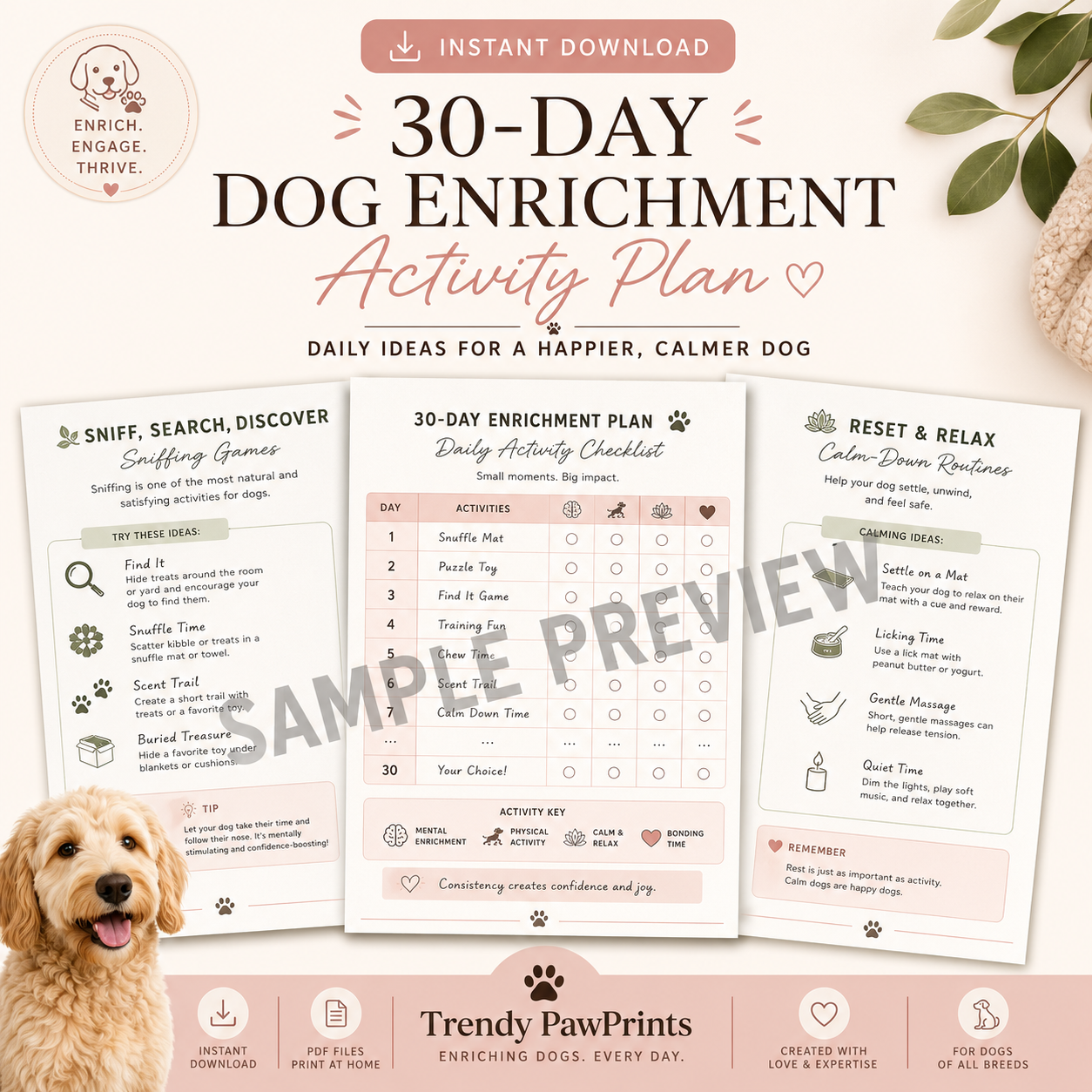 Sample preview image for the 30-Day Dog Enrichment Activity Plan instant download