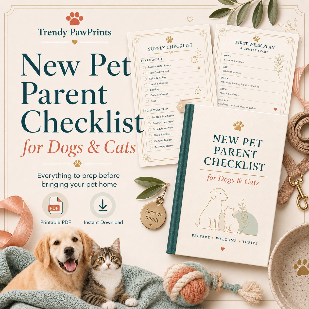 New Pet Parent Checklist final chic printable PDF cover with accessories and border