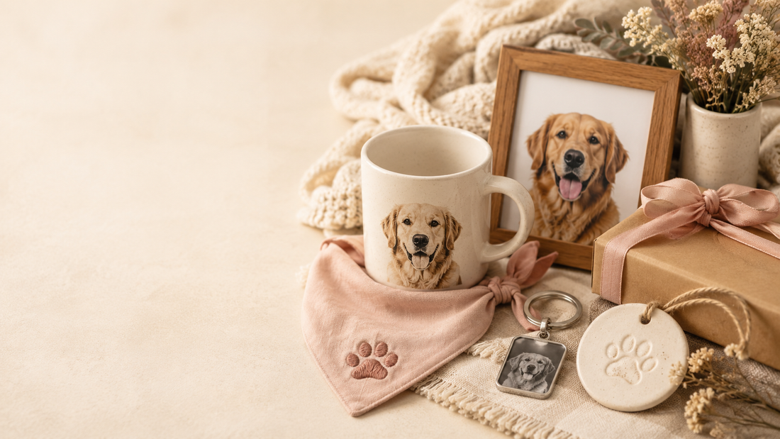 Personalized pet gift arrangement with custom pet portrait mug, photo keychain, framed dog photo, paw ornament, and gift box