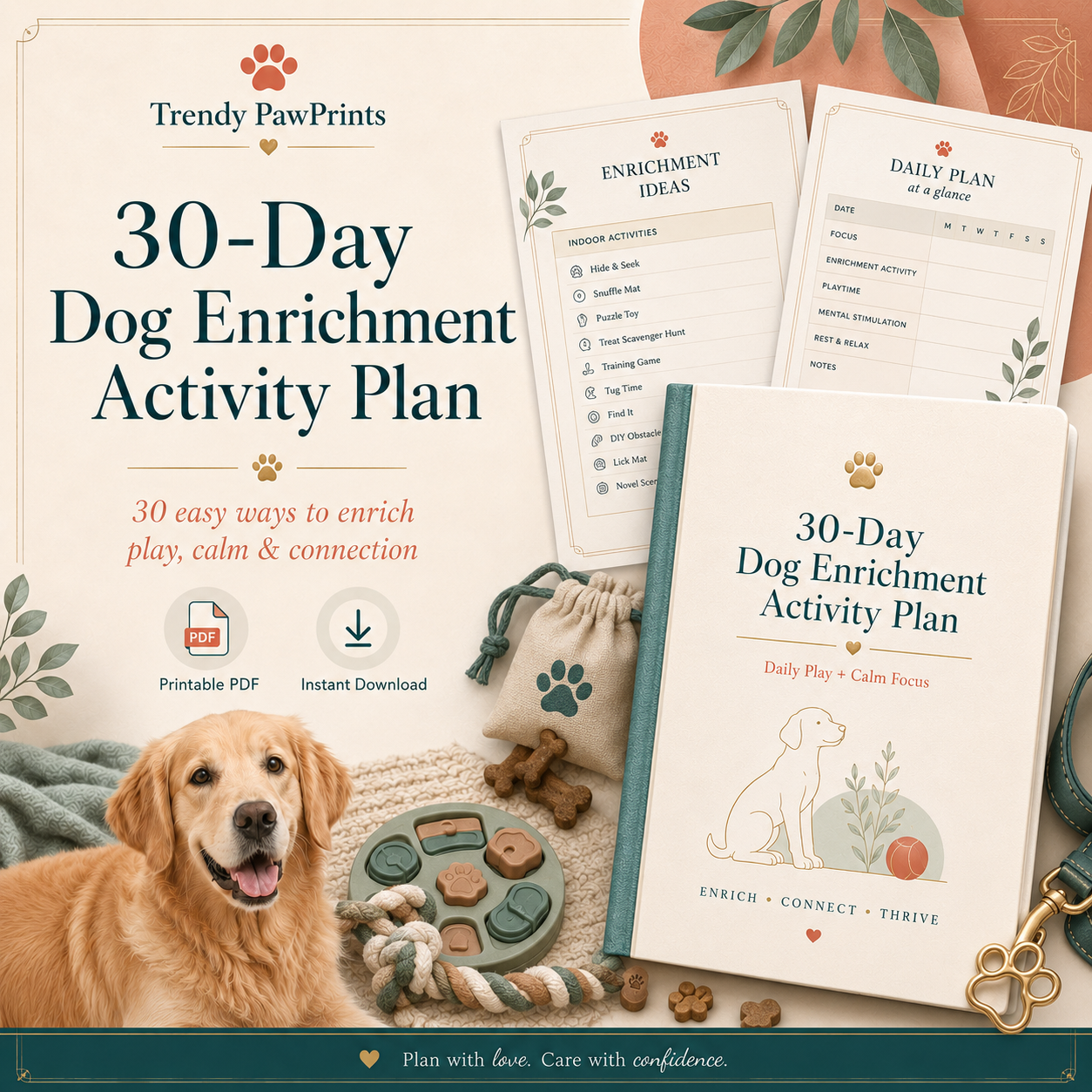 30-Day Dog Enrichment Activity Plan final chic printable PDF cover with accessories and border