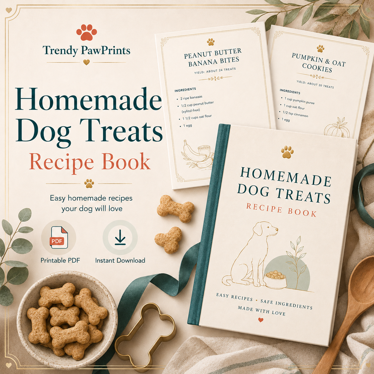 Homemade Dog Treats Recipe Book final chic printable PDF cover with accessories and border
