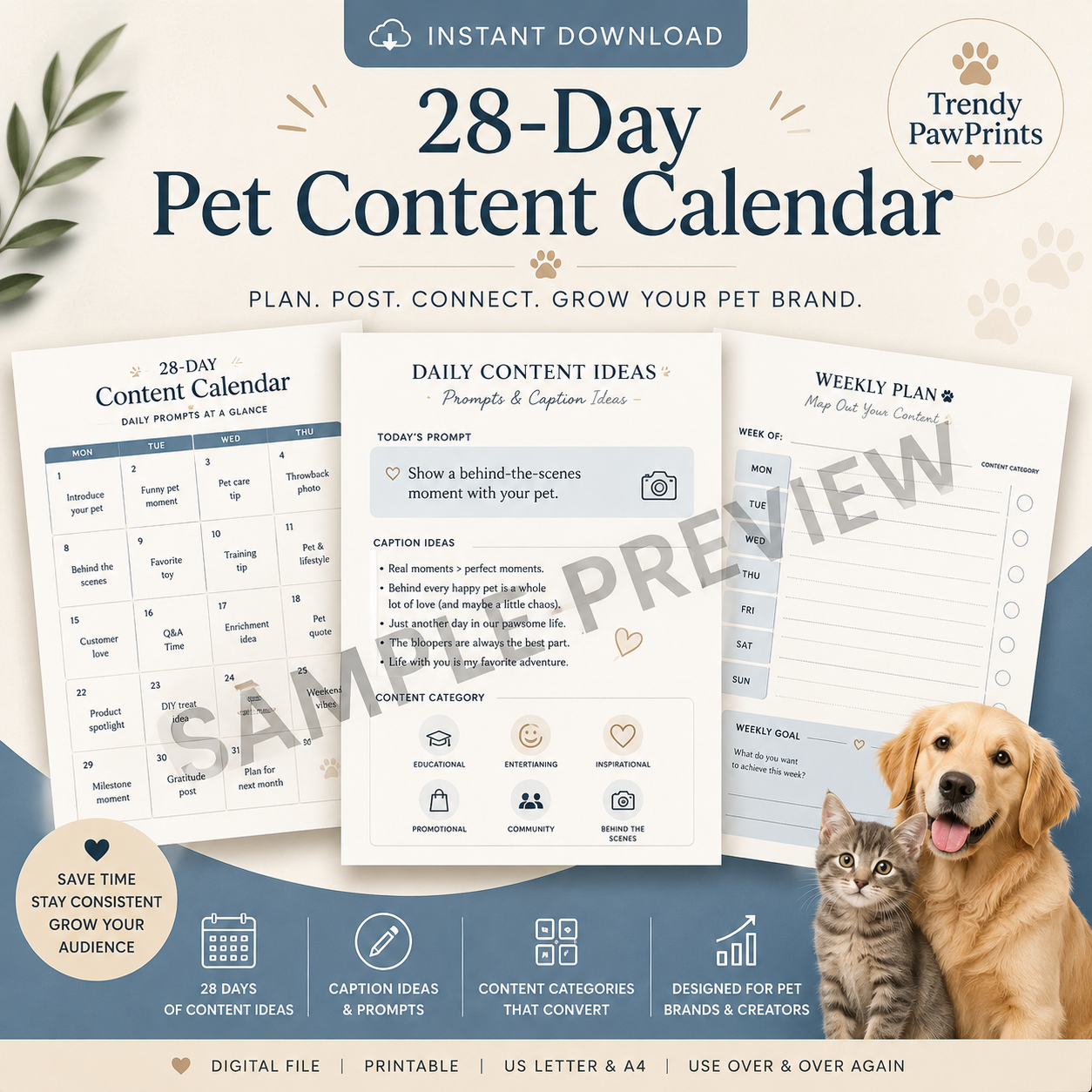 Sample preview image for the 28-Day Pet Content Calendar instant download