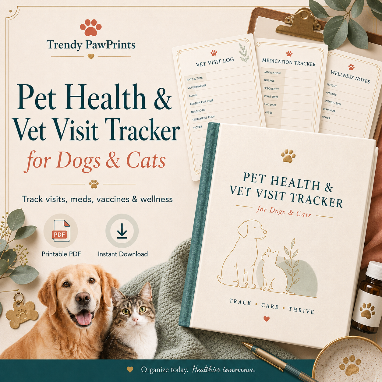 Pet Health and Vet Visit Tracker final chic printable PDF cover with accessories and border