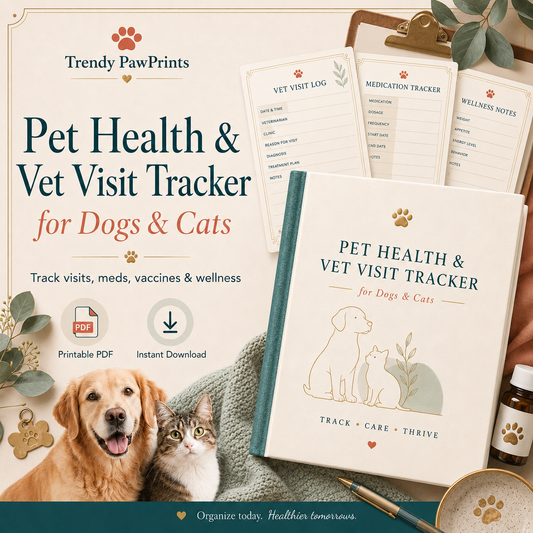 Pet Health and Vet Visit Tracker final chic printable PDF cover with accessories and border