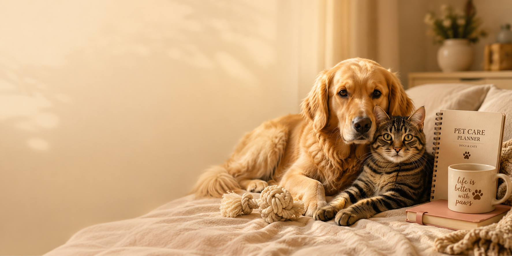 Warm premium pet lifestyle hero banner with golden retriever and tabby cat for Trendy PawPrints homepage