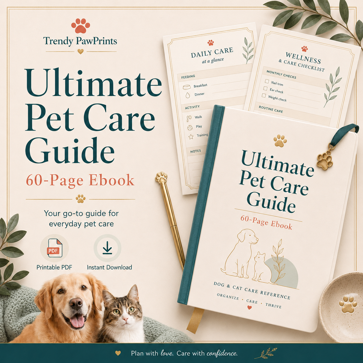 Ultimate Pet Care Guide final chic printable PDF cover with accessories and border